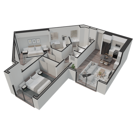 A 3D rendered image of a modern apartment layout.